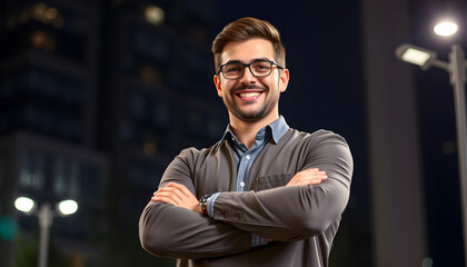 Wall Mural - Business man, arms crossed and smiling face with creative worker and confident from admin consultant job. Happy, professional and portrait with entrepreneur employee for startup career at night isol