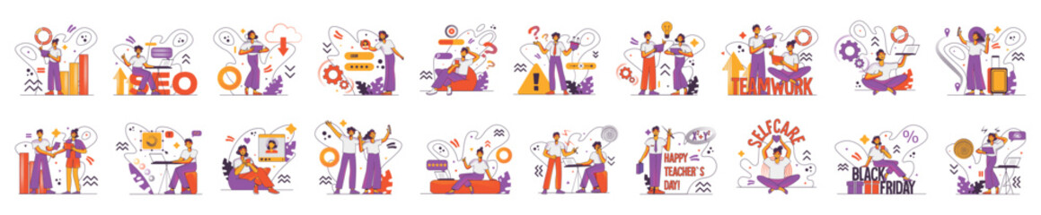 Wall Mural - mega set of colorful concepts with people scene in flat cartoon design. illustrations on various top