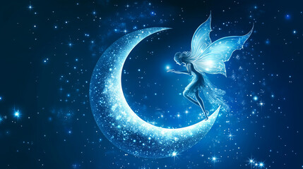 blue background with a fairy and moon