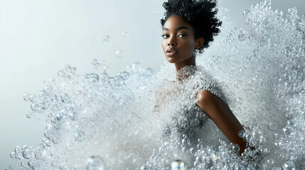 close up of a black female model surrounded of bubbles