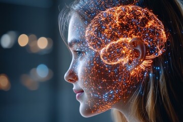 Poster - Profile of a young woman with a glowing brain symbolizing the dynamic energy of thought and the complex interaction between human cognition and advanced technology in a digital world