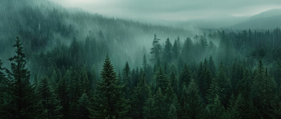 Wall Mural - A dense pine forest in the mountains of Canada, heavy rain falling on it