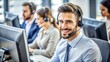 © Man888 - A friendly headset-wearing professional sits in front of a computer, focused on a screen, ready to answer incoming calls in a busy call center environment.
