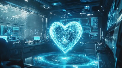 A futuristic room displaying a glowing heart hologram amidst technology screens.