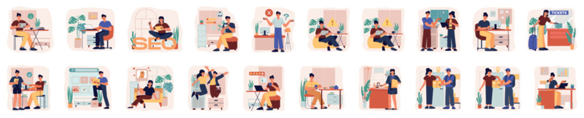 Wall Mural - bundle of color concepts with people scene in flat cartoon design. a large selection of colorful ima