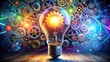 © Man888 - A futuristic spotlight shines on a levitating lightbulb, surrounded by swirling creative notes and colorful gears, representing innovative thinking and brilliant ideas.