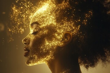 Sticker - Profile of a woman with glowing particles surrounding her face symbolizing the radiant energy of creativity and the ethereal beauty of human thought in a conceptual futuristic environment