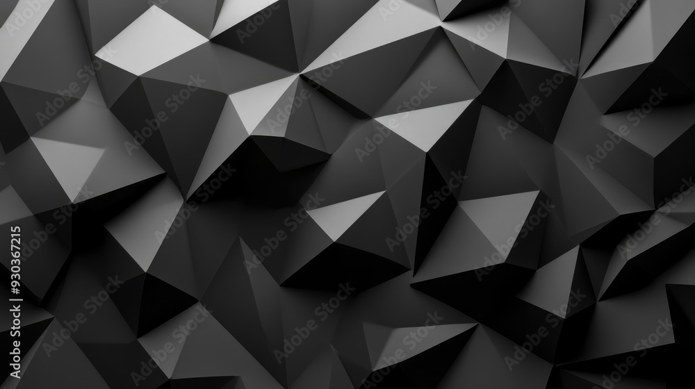 Black white dark gray abstract background. Geometric pattern shape. Line triangle polygon angle. Gradient. Shadow. Matte. 3d effect. Rough grain grungy. Design. Template. Presentation, ai