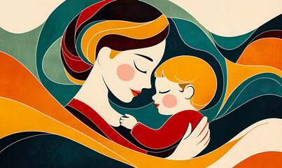 Design for a Mother's Day card in Hans Arp art style, depicting a young mother holding a toddler and lovingly looking at him