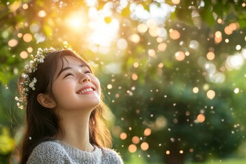 Poster - A young woman smiling in the sunlit outdoors surrounded by bokeh effects symbolizes happiness joy and the positive energy of nature during a peaceful and blissful day