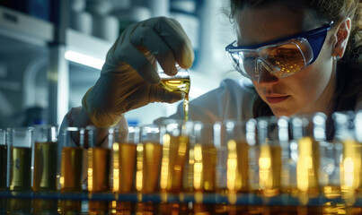 Wall Mural - an attractive female scientist wearing safety goggles. She is pouring liquid from one test tube to another in her science lab