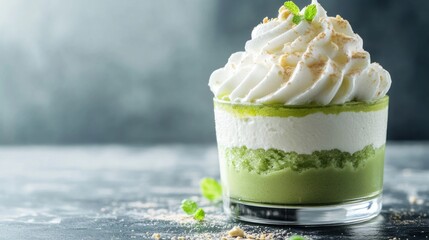 Green dessert with whipped cream and mint.