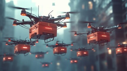 A group of drones flying in the sky, all of them orange