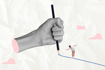 Wall Mural - creative collage image 3d hand body fragment draw pencil line young man balance falling down clouds 