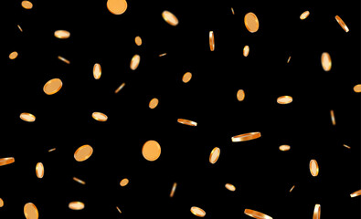 Wall Mural - 3d realistic flying golden shiny coins with effect bokeh on black isolated background. rich or casin