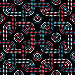 Seamless repeating pattern with an abstract geometric design of dotted intersecting squares. Small blue, red, and white circles and dots on a black background. Ethnic retro style. 