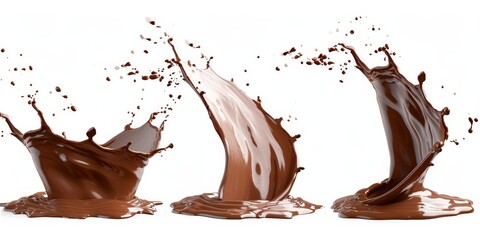 3d render, chocolate splash assorted shape collection, cacao drink or coffee, splashing cooking ingredient. Abstract brown liquid wave clip art set isolated on white, Generative AI