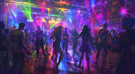 Sticker - A lively disco scene with people dancing under colorful lights, creating an atmosphere of excitement and energy