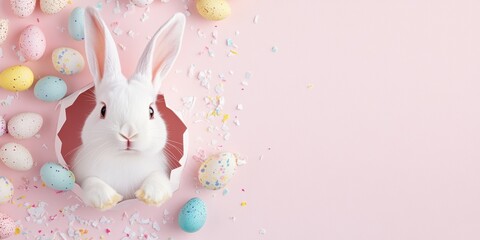 Wall Mural - white rabbit popping out of a paper hole, surrounded by colorful easter eggs and confetti on a paste