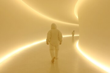 Wall Mural - Solitary figure walking down a glowing curved hallway representing the journey of self discovery innovation and the path to enlightenment in a futuristic luminous environment