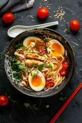 Wall Mural - Delicious Ramen Bowl with Soft Boiled Egg and Chili.