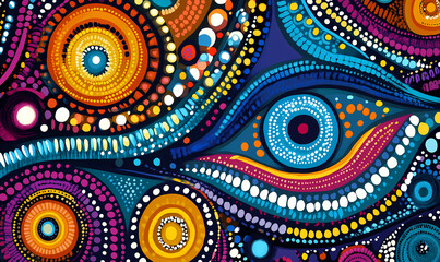 Australian Aboriginal dot painting style art dreaming of a waterhole and trees landscape.