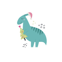 Wall Mural - Hand drawn Christmas illustration with funny dinosaur. Good for greeting cards, t-shirt designs, prints