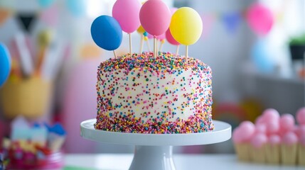 Canvas Print - Birthday Cake with Colorful Balloons and Sprinkles