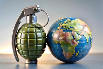 Earth globe next to a grenade. Global war conflict