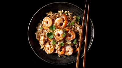 Canvas Print - World-famous Shrimp Pad Thai, freshly cooked and presented on a traditional enameled metal plate, with chopsticks on the side, set against an abstract black background.