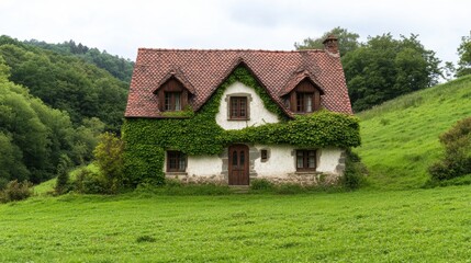 Sticker - A house with a green roof sitting on top of the hill, AI