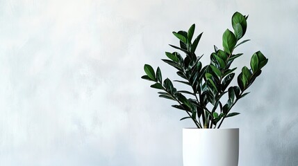 Wall Mural - A Zamioculcas zamiifolia 'Raven' plant in an elegant white pot, with shiny, thick black leaves that stand out against a clean background, showcasing the plant