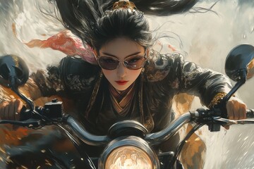 painting of A chinese girl wearing sunglasses ride on bike