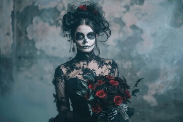 Wall Mural - Woman in Black Lace with Skull Makeup Holding Roses