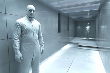 Mysterious figure in white stands in a futuristic hallway embodying solitude introspection and a connection to the unknown in a sleek modern environment