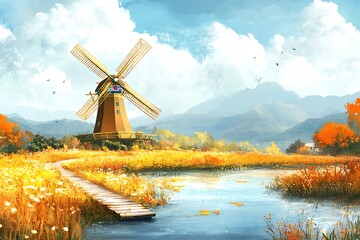 Wall Mural - Rustic Windmill on a Tranquil Lake with Autumn Colors.