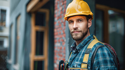 Poster - Professional Electrician Standing Outside House with Tools Under Bright Outdoor Light