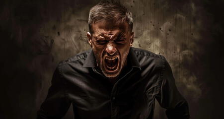 Wall Mural - An angry man with an open mouth, a dark background, a black t-shirt