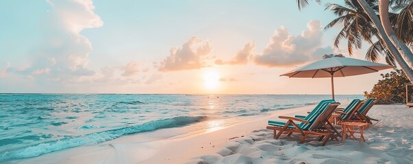 Two lounge chairs sit on a white sandy beach with a palm tree and umbrella in the background. The sun is setting over the ocean.