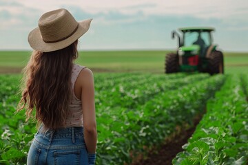 Young Farmer Overlooking Crop Field with Tractor in Background