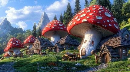 Sticker - A group of houses with mushrooms on top are in a village, AI