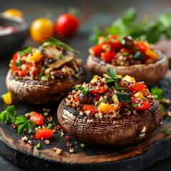 Wall Mural - Grilled Portobello Mushrooms Stuffed with Nutrient Dense Quinoa and Fresh Vegetables  a Hearty and Healthy Meal Concept with Copy Space