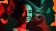 © Pavel Lysenko - A young woman smiles brightly, her hair flowing, surrounded by a dynamic blend of vivid colors and abstract shapes in an artistic atmosphere