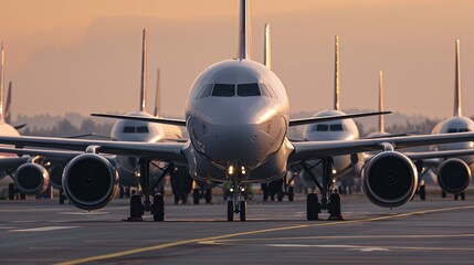 Poster - A row of aircraft at an airport during sunset, showcasing the aviation industry.