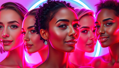 Collage made with portraits of different beautiful women, of different age and race against multicolored background in neon light. Concept of skin care, cosmetology and cosmetics, beauty isolated wi