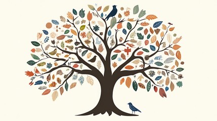 Wall Mural - Abstract Tree with Birds and Fall Leaves - Colorful Autumn Illustration.