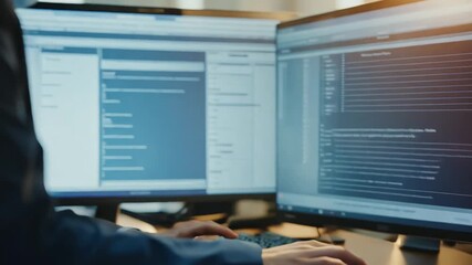 A professional interacts with multiple computer screens while coding at their desk in the office