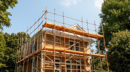 Renovation of a Traditional Home with Reinforced Walls and Second Story Addition, Scaffolding Surrounding House for Reconstruction Works.