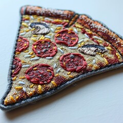 Wall Mural - Close-up of embroidered pizza slice.