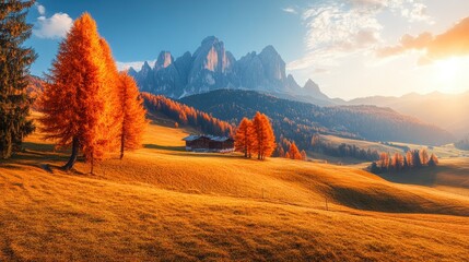 Colorful autumn view of Alpe di Siusi ski resort with beautiful orange larch trees. Majestic sunrise in Dolomite Alps, Ortisei locattion, Italy, Europe. Beauty of countryside concept background , ai